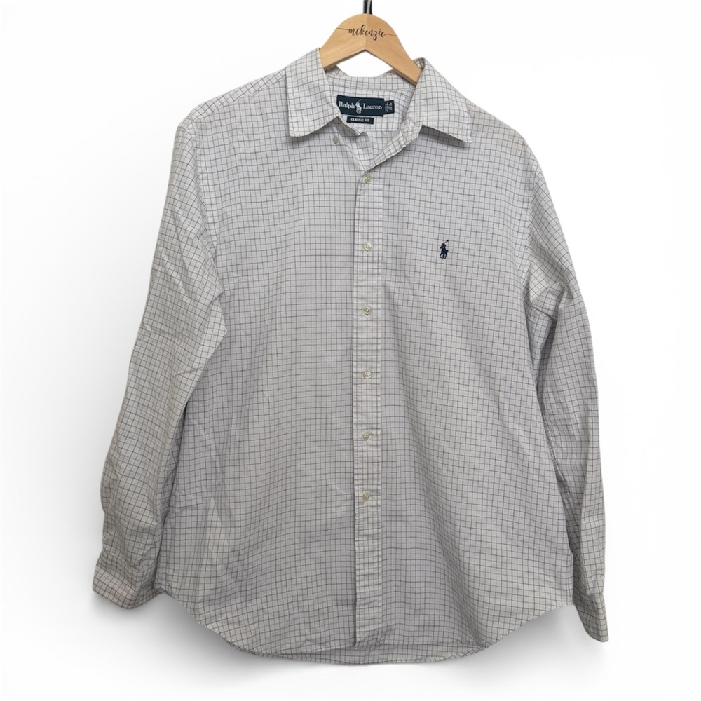 Ralph Lauren Shirt Mens 16.5 34/35 Classic Fit Blue White Check Long Sleeve Logo